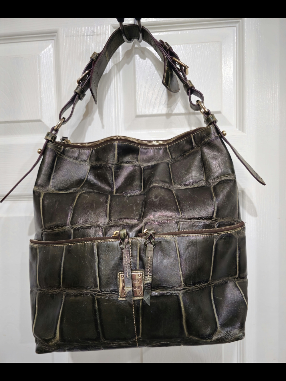 Dooney & Bourke Croc-Embossed Shoulder Bag - Dark Green with Brass Hardware